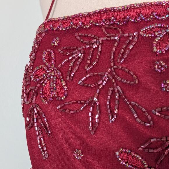 Scala Beaded Prom Dress Maxi Gown S Red Pink Silk Y2K Fairy Y2K Modest Gatsby - Picture 7 of 16